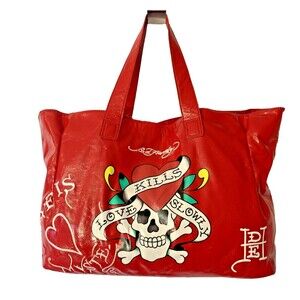 Ed Hardy Love Kills Slowly Large Tote Bag Red Y2K Vintage 2004 Vinyl 20" x 10"